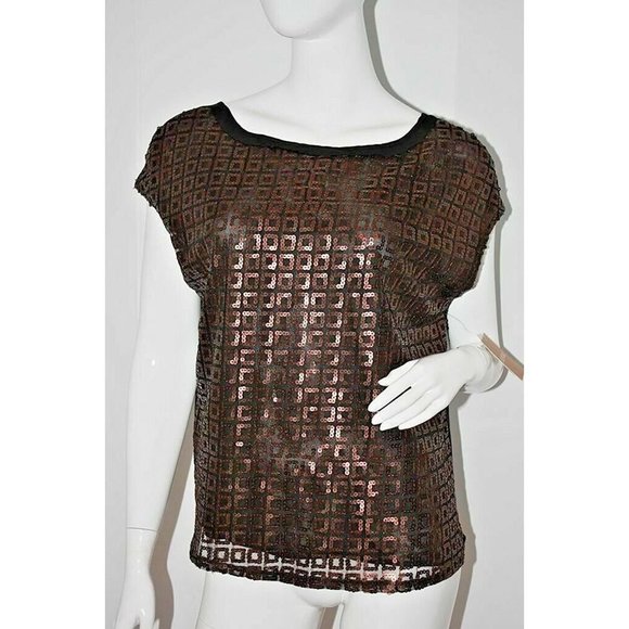 ELLEN  TRACY Filigree BRONZE Sequin BLACK Blouse TOP ( M ) - Picture 1 of 2